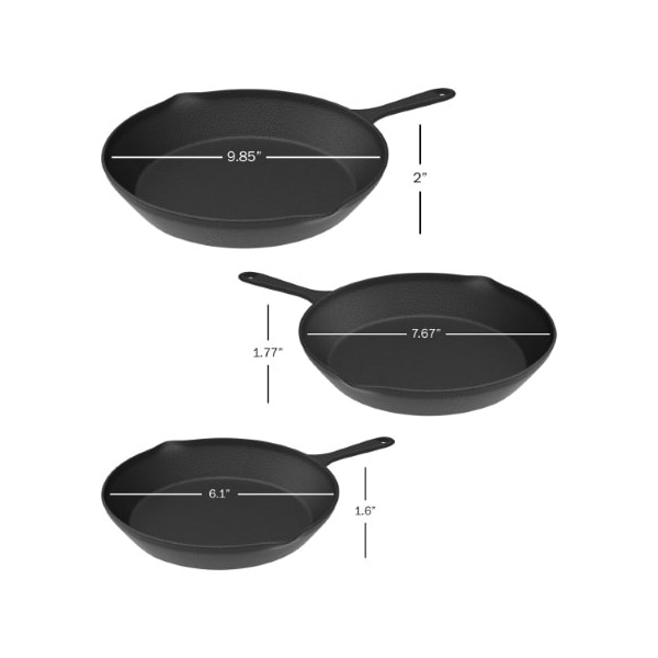 Set Of 3 Frying Pans Cast Iron Pre-Seasoned Nonstick Skillets In 10, 8, 6- Kitchen Cookware